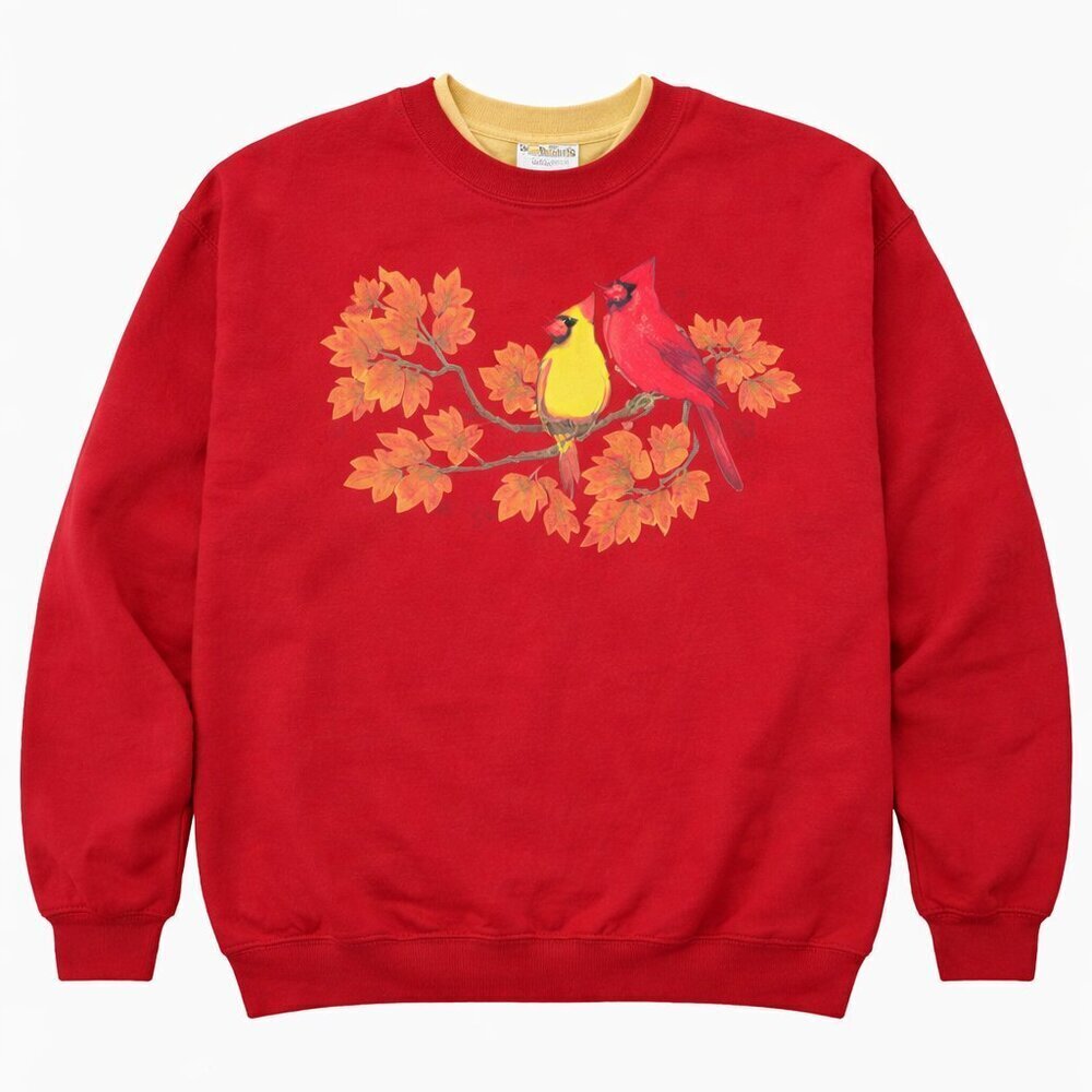 Vintage Morning Sun Red Cardinal Bird Autumn Leaves Nature Sweatshirt 2X